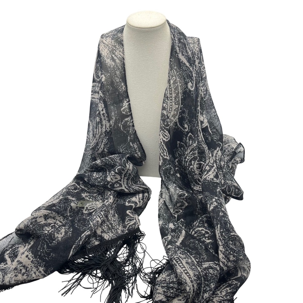 Black and White Paisley Fringe Scarf Lightweight Boho Wrap
